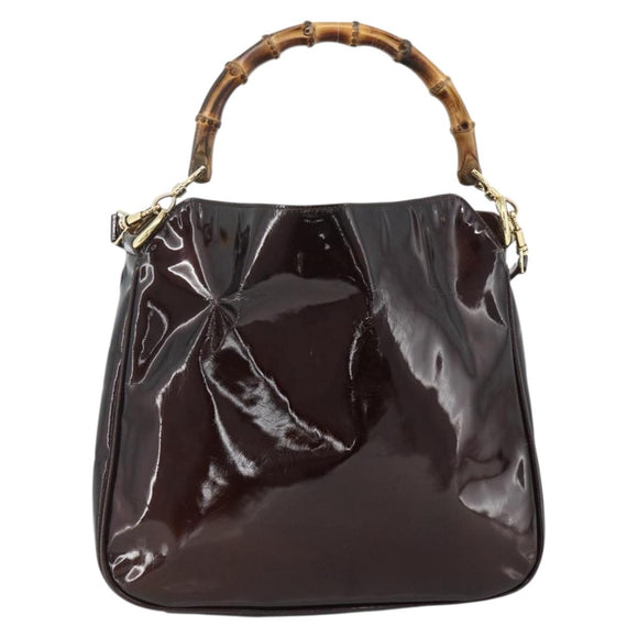 GUCCI Bamboo Bag Patent leather 2way Brown Gold 001 1705 1638 Auth ti3928