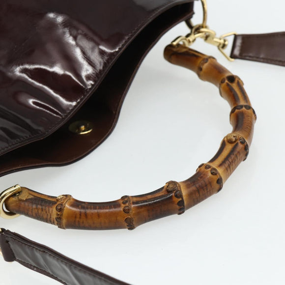 GUCCI Bamboo Bag Patent leather 2way Brown Gold 001 1705 1638 Auth ti3928