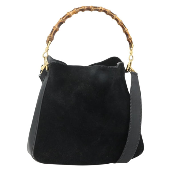 GUCCI Bamboo Hand Bag Suede 2way Black Gold 001 2113 1638 Auth ti3930