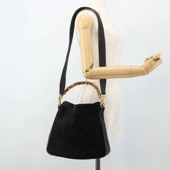 GUCCI Bamboo Hand Bag Suede 2way Black Gold 001 2113 1638 Auth ti3930