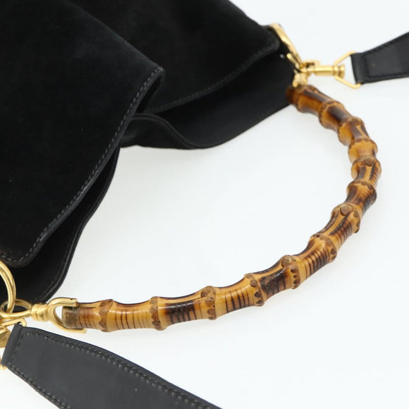 GUCCI Bamboo Hand Bag Suede 2way Black Gold 001 2113 1638 Auth ti3930