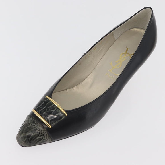SAINT LAURENT Heel Leather Black Gold Auth ti3935