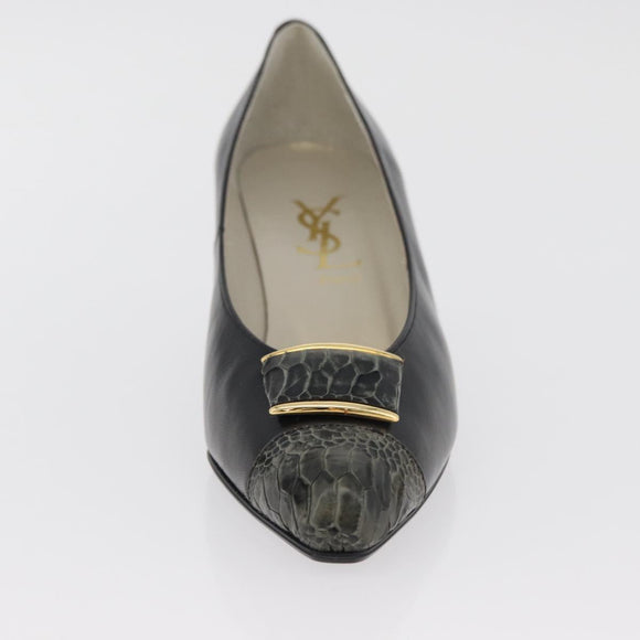 SAINT LAURENT Heel Leather Black Gold Auth ti3935