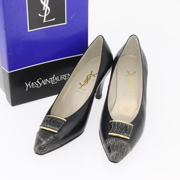SAINT LAURENT Heel Leather Black Gold Auth ti3935