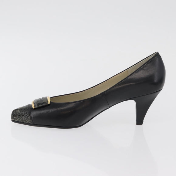 SAINT LAURENT Heel Leather Black Gold Auth ti3935