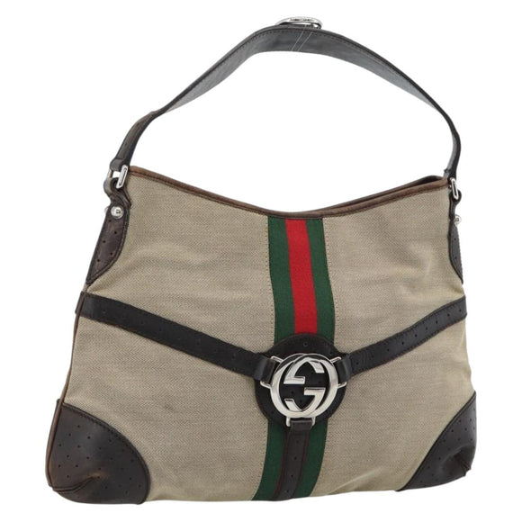 GUCCI Web Sherry Line Shoulder Bag Canvas Beige Silver 114879 Auth ti3962