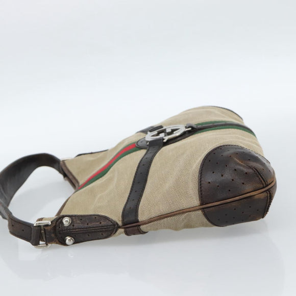 GUCCI Web Sherry Line Shoulder Bag Canvas Beige Silver 114879 Auth ti3962