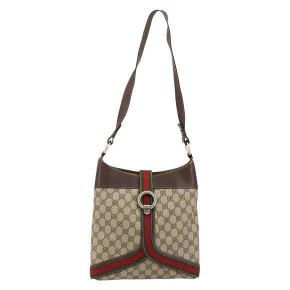 GUCCI GG Supreme Web Sherry Line Shoulder Bag PVC Beige Gold Auth ti3963
