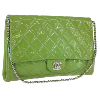 CHANEL Matelasse Shoulder Bag Patent Green Silver CC Auth ti3998A