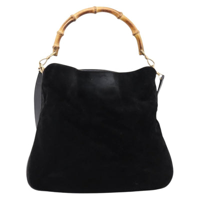 GUCCI Bamboo Hand Bag Suede 2way Black Gold Tone 001 123 1577 Auth ti4022 - 0
