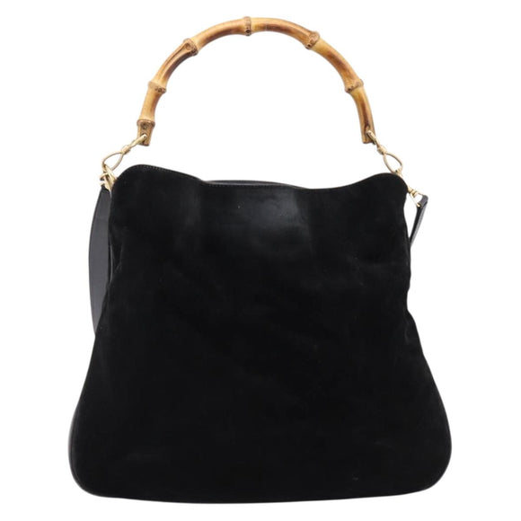GUCCI Bamboo Hand Bag Suede 2way Black Gold Tone 001 123 1577 Auth ti4022