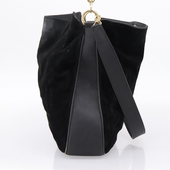 GUCCI Bamboo Hand Bag Suede 2way Black Gold Tone 001 123 1577 Auth ti4022