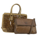 FENDI Zucchino Hand Bag Shoulder Bag PVC 2 Set Brown Gold Tone Auth ti4032-1