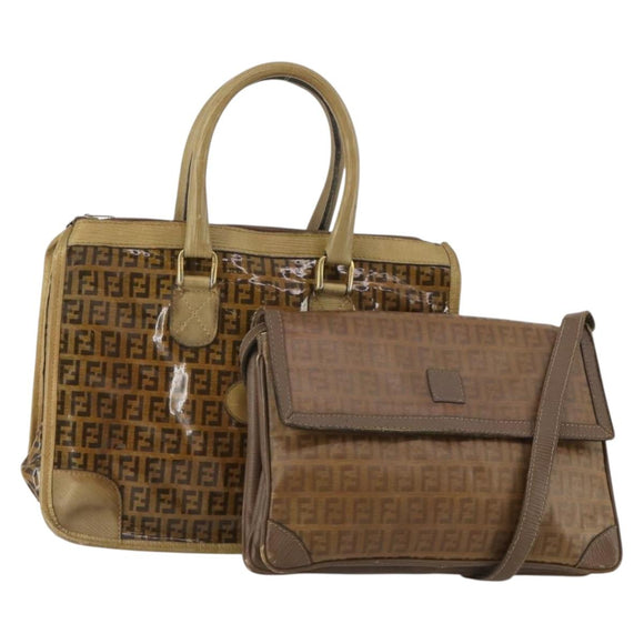 FENDI Zucchino Hand Bag Shoulder Bag PVC 2 Set Brown Gold Tone Auth ti4032