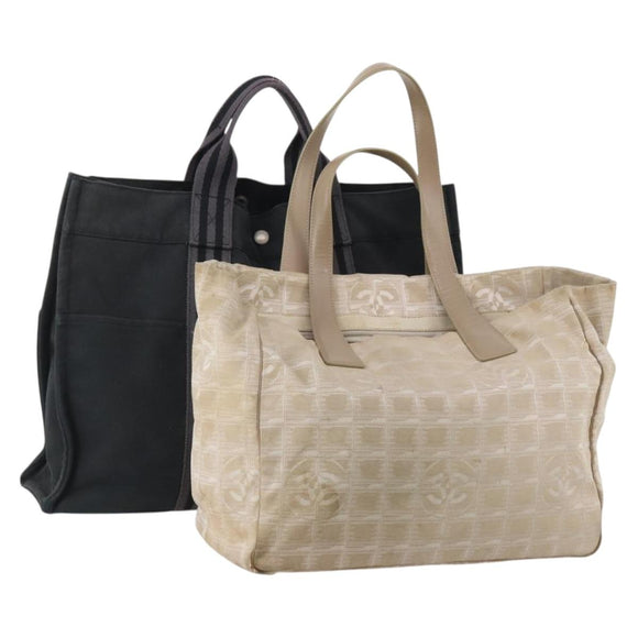 HERMES Chanel Tote Bag Canvas 2 Set Black Beige Auth ti4035