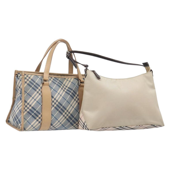 BURBERRY Nova Check Blue Label Hand Bag Canvas Nylon 2 Set Blue Auth ti4061