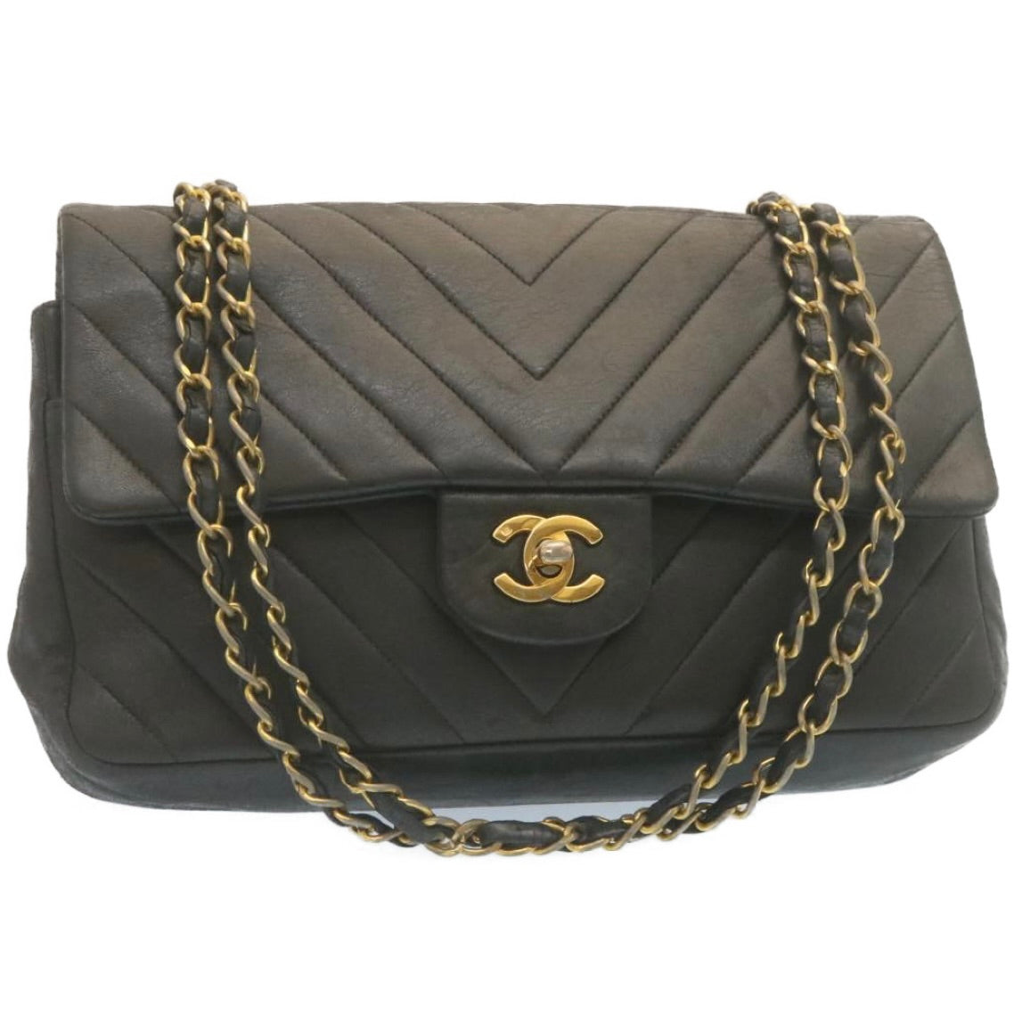 CHANEL Mademoiselle Turn Lock Flap Shoulder Bag Lamb Skin Black CC Auth ai677A