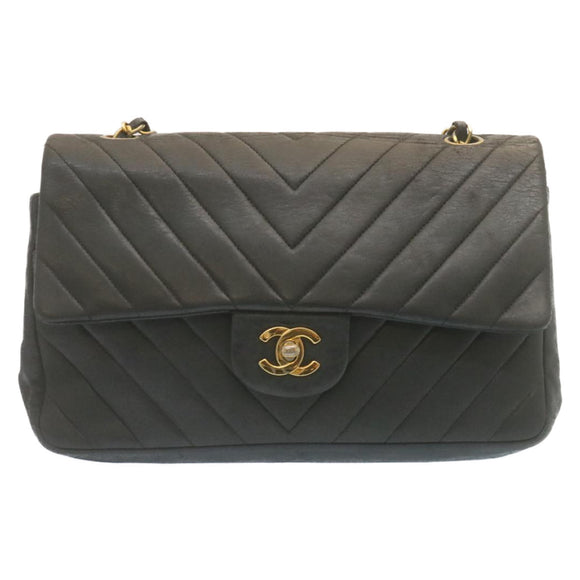 CHANEL Mademoiselle Turn Lock Flap Shoulder Bag Lamb Skin Black CC Auth ai677AV