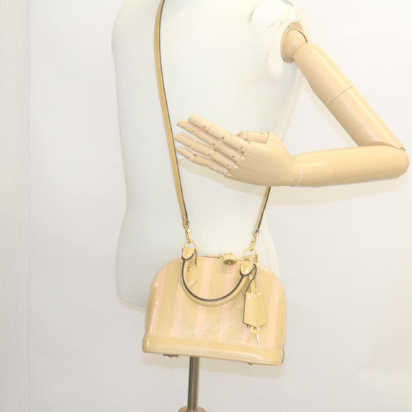 LOUIS VUITTON Vernis Rayures Alma BB Hand Bag 2way Beige Pink M90970 Auth ai678M