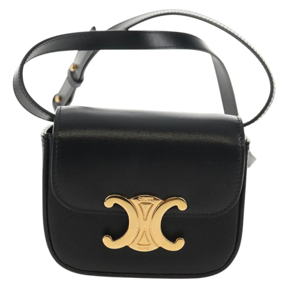 CELINE Mini Triomphe Shoulder Bag Leather Black Gold Auth TR156