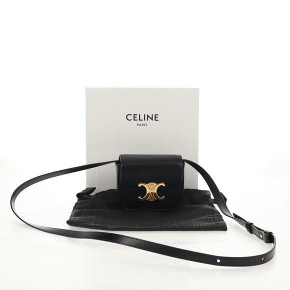 CELINE Mini Triomphe Shoulder Bag Leather Black Gold Auth TR156