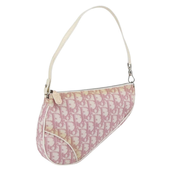 Christian Dior Trotter Canvas Saddle Pouch PVC Pink Silver Auth TR77