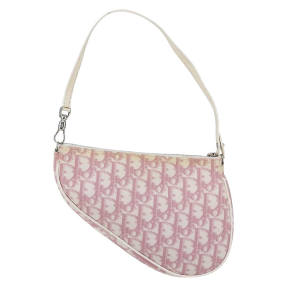 Christian Dior Trotter Canvas Saddle Pouch PVC Pink Silver Auth TR77