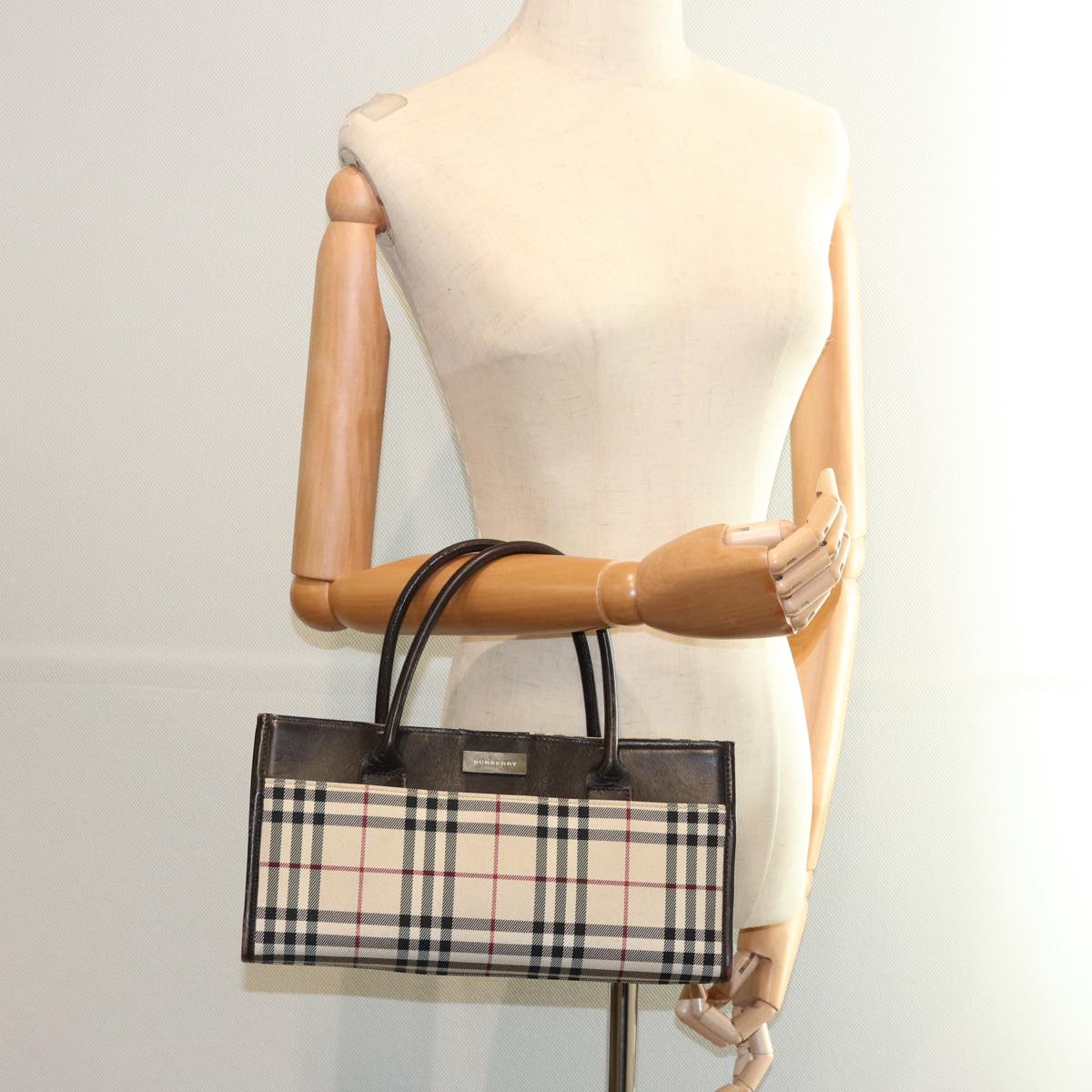 BURBERRY Nova Check Hand Bag Nylon Beige Dark Brown Auth uy141