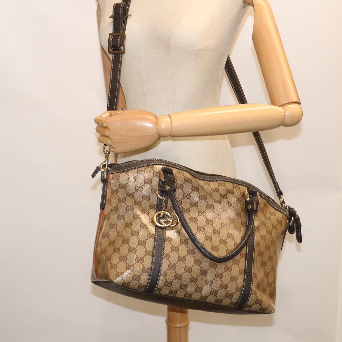 GUCCI GG Crystal Canvas Shoulder Bag Coated Canvas 2way Beige 341503 Auth uy159