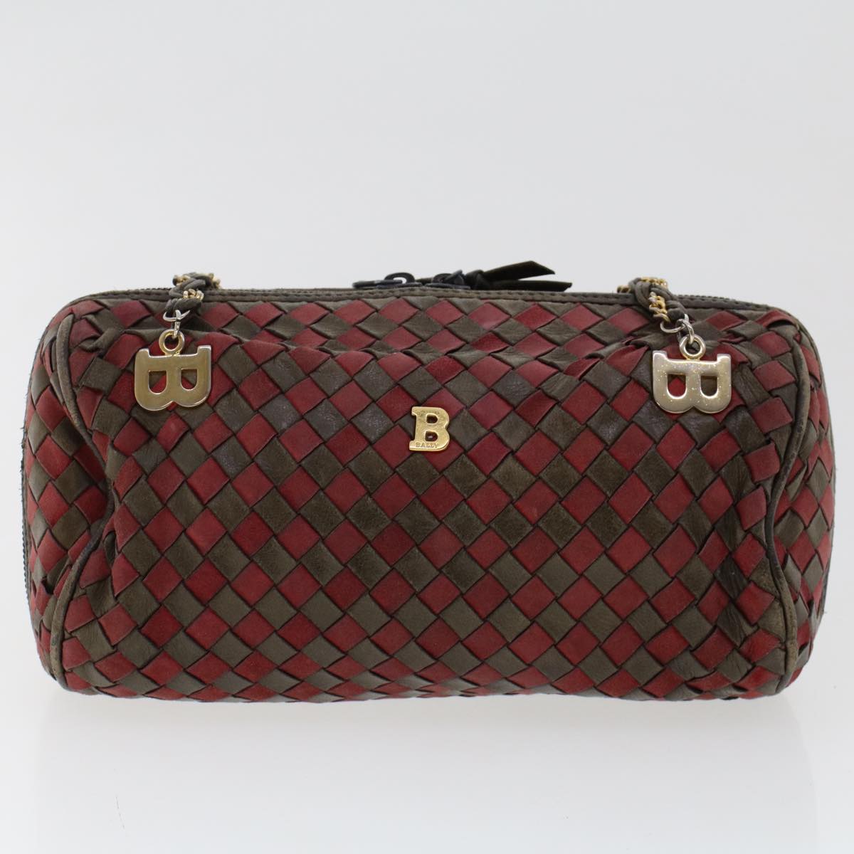 BALLY Chain Hand Bag Leather 2Set Red Black Auth yb257