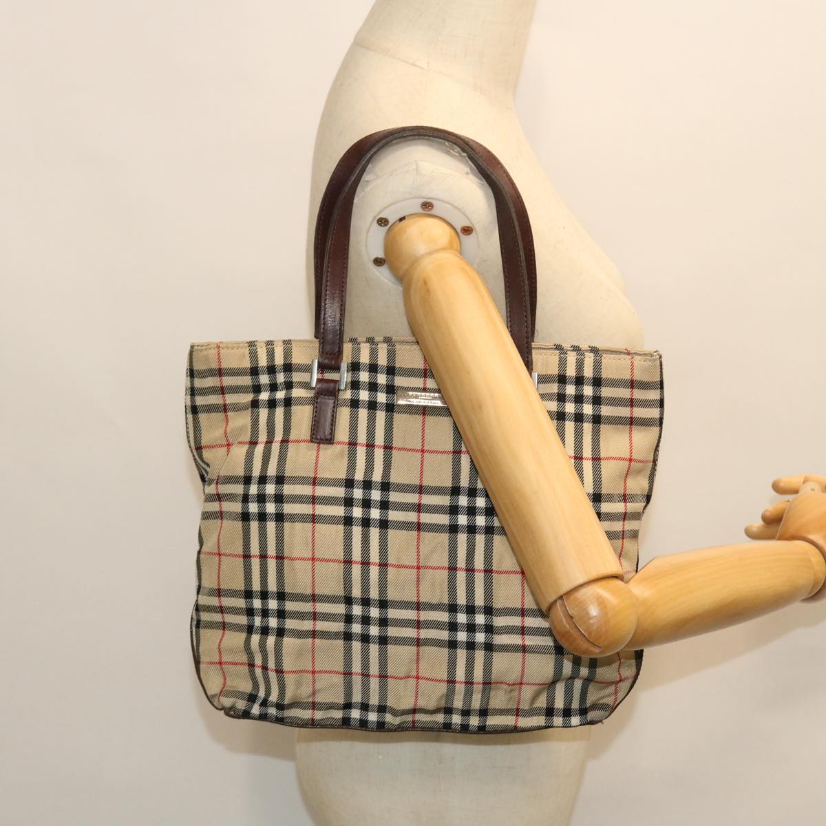 BURBERRY Nova Check Blue Label Hand Bag Nylon Leather Beige Brown Auth yb329