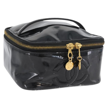 CHANEL Vanity Cosmetic Pouch Patent leather Black CC Auth yb378