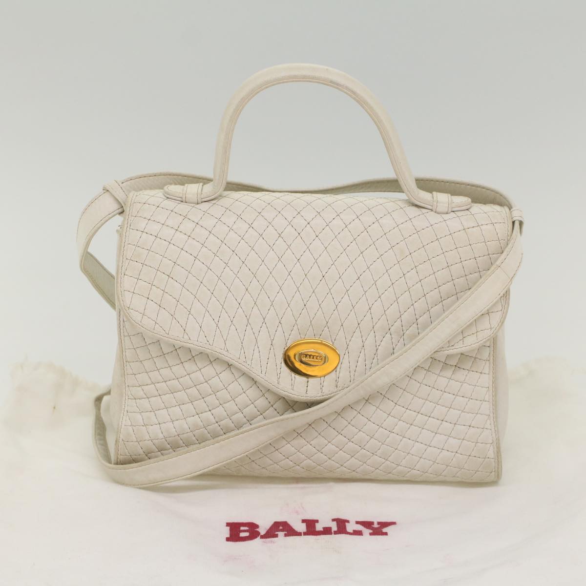 BALLY Quilted Hand Bag Leather 2way White Auth yb388