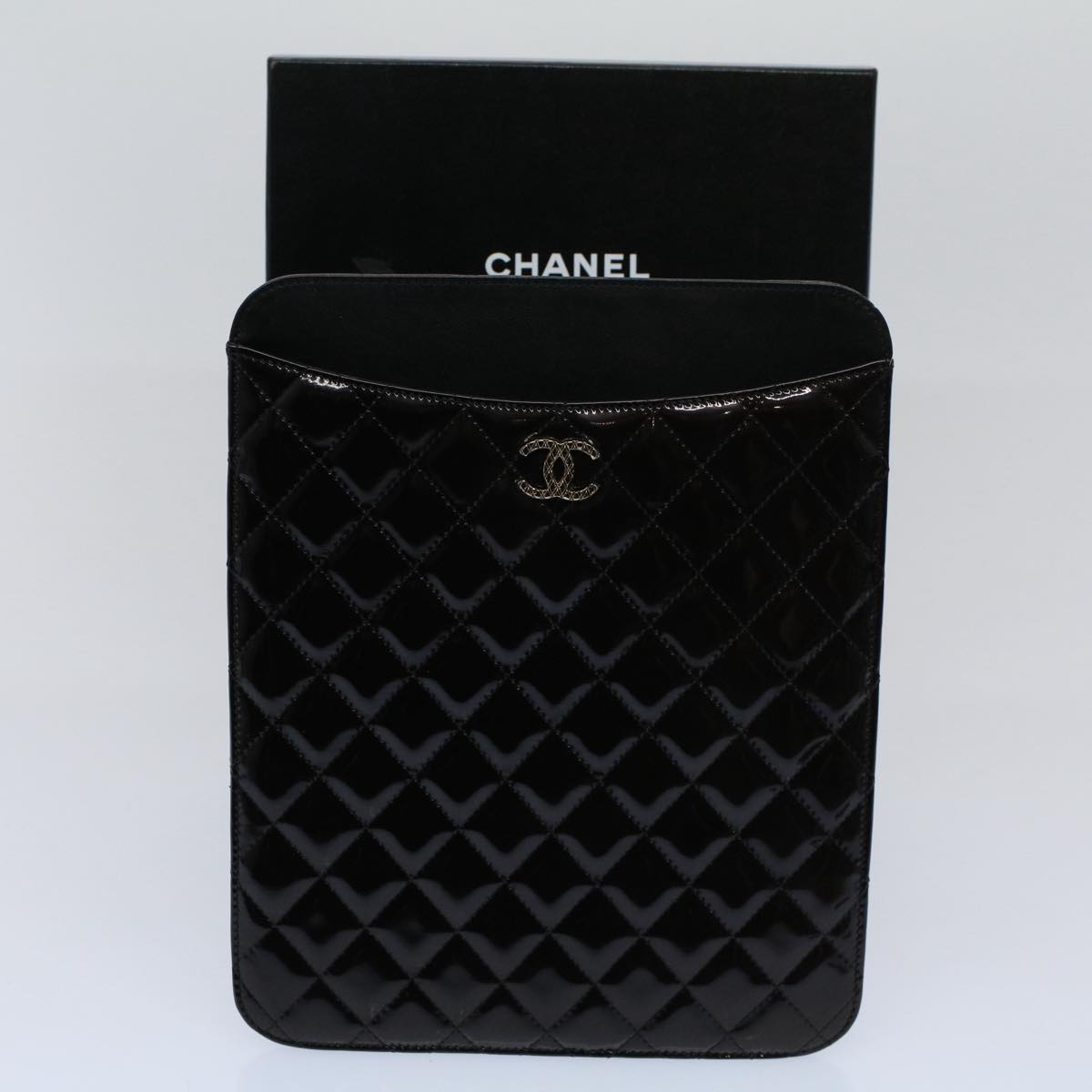 CHANEL iPad Case Patent leather Black CC Auth yb405