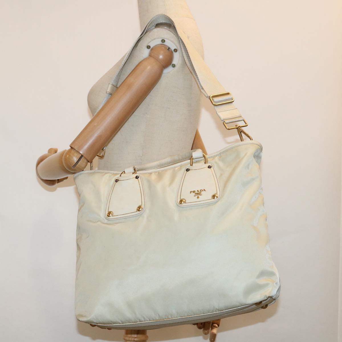 PRADA Hand Bag Nylon 2way Beige Auth yb469