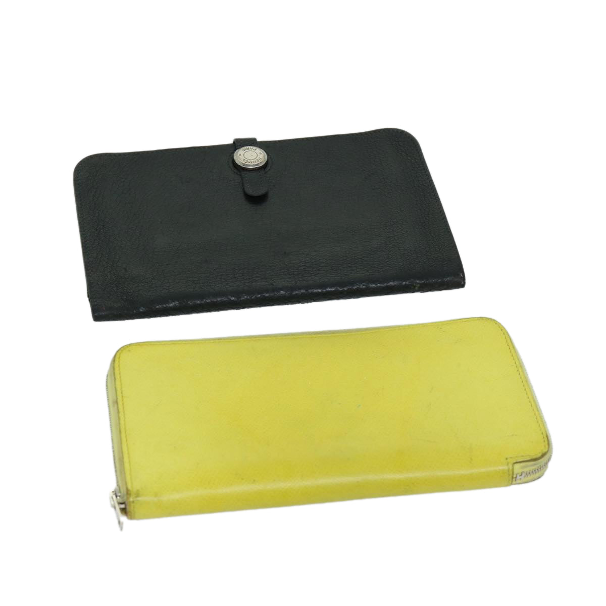 HERMES Long Wallet Leather 2Set Black Yellow Auth yb512