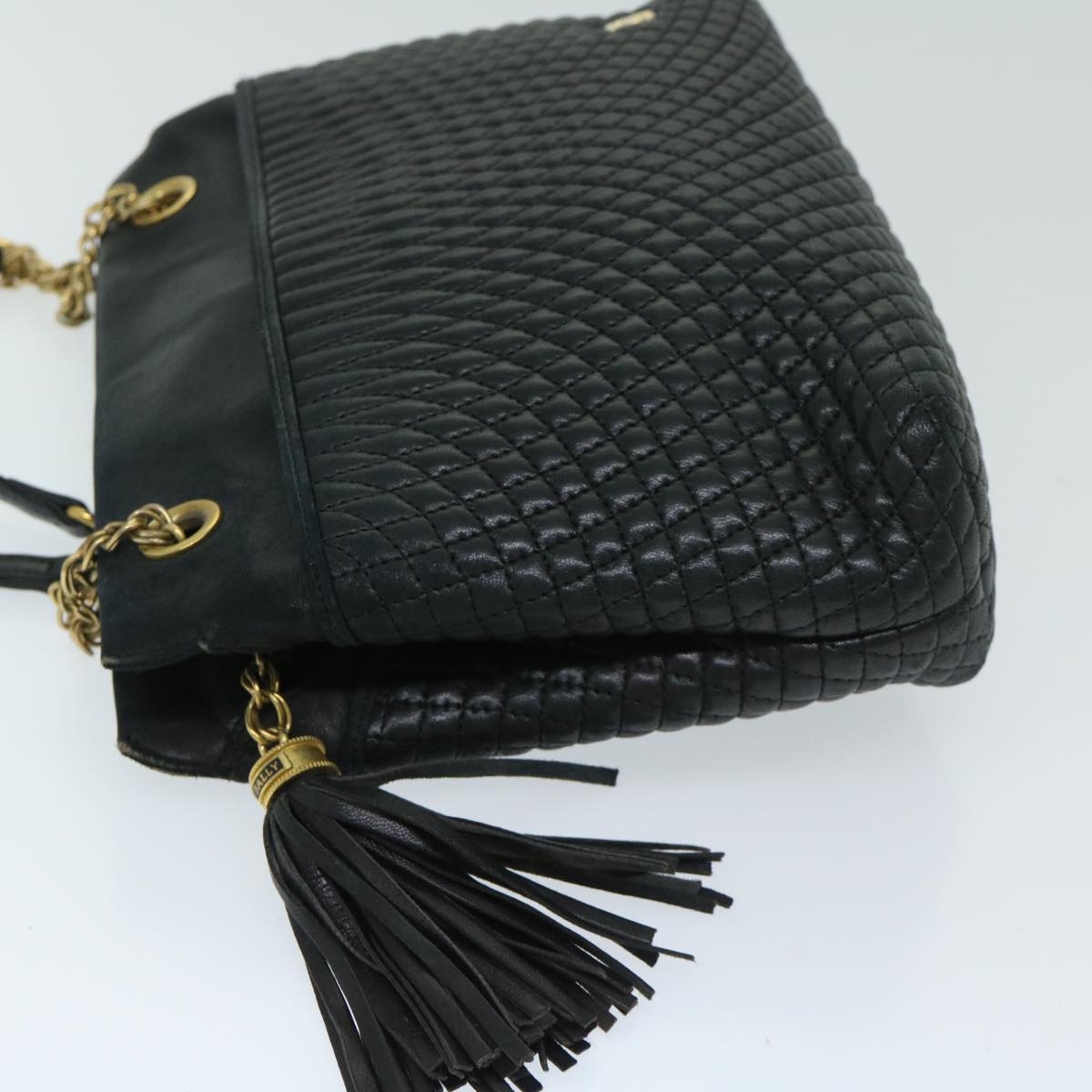 BALLY Chain Shoulder Bag Leather Black Auth yb518