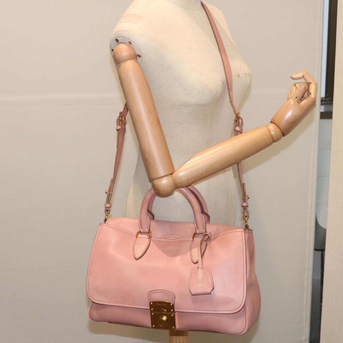 Miu Miu Madras Hand Bag Leather 2way Pink Auth yb528