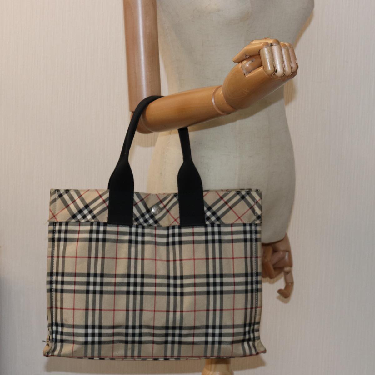 BURBERRY Nova Check Blue Label Hand Bag Nylon Beige Auth yb561