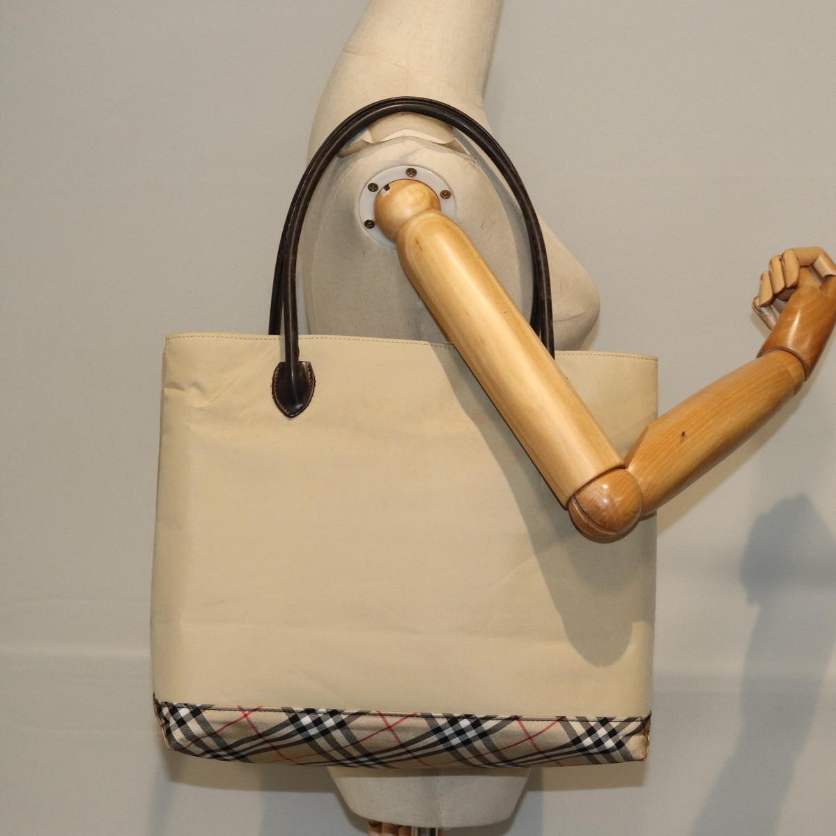 BURBERRY Nova Check Blue Label Tote Bag Nylon Beige Auth yb562