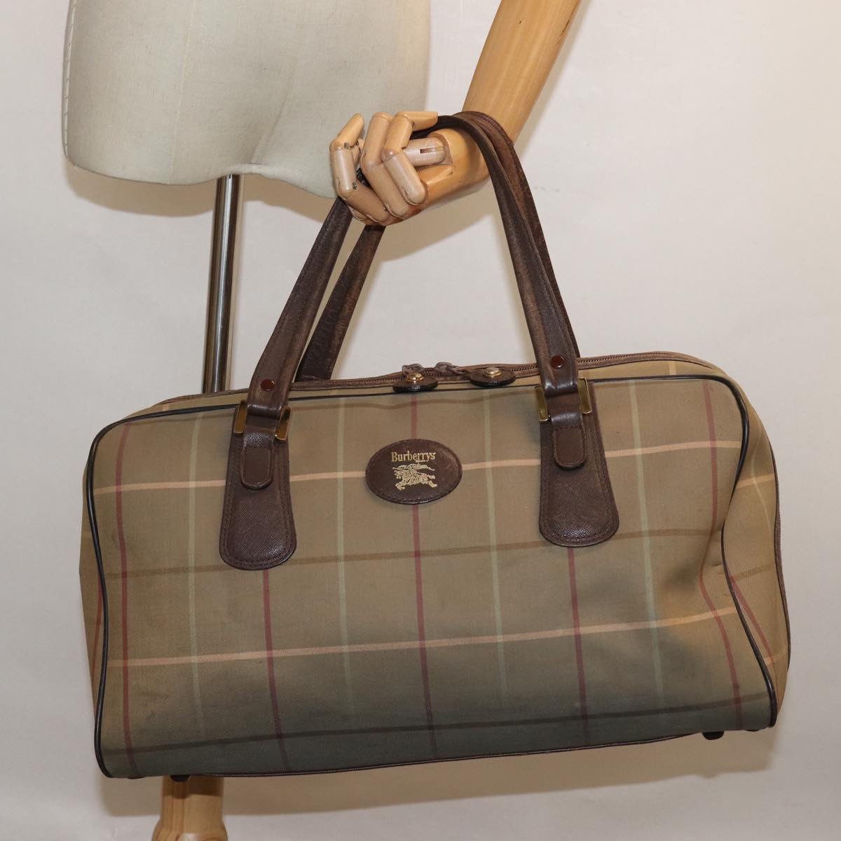 Burberrys Nova Check Boston Bag Canvas Leather Beige Brown Auth yb602