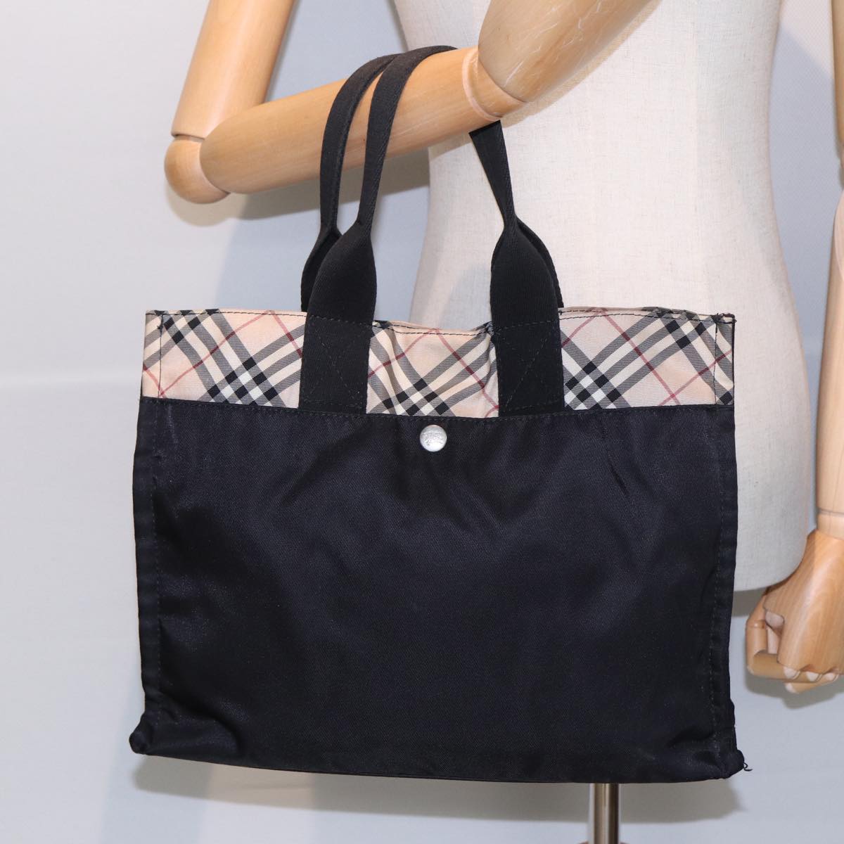 BURBERRY Nova Check Hand Bag Nylon Beige Black Auth yb621