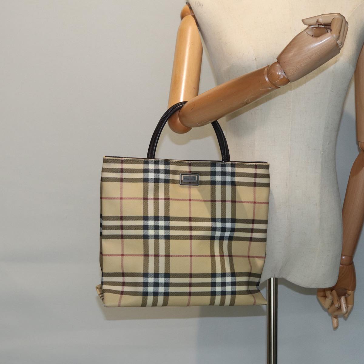 BURBERRY Nova Check Hand Bag PVC Beige Silver Auth yb666