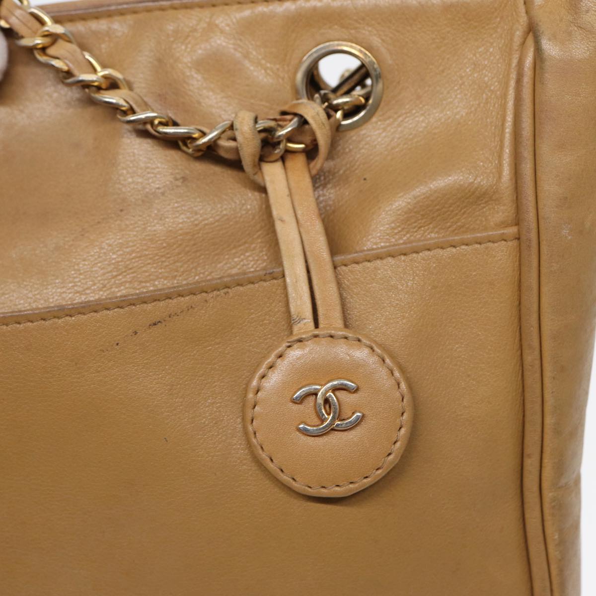 CHANEL Matelasse Chain Shoulder Bag Leather Beige Gold CC Auth yb672