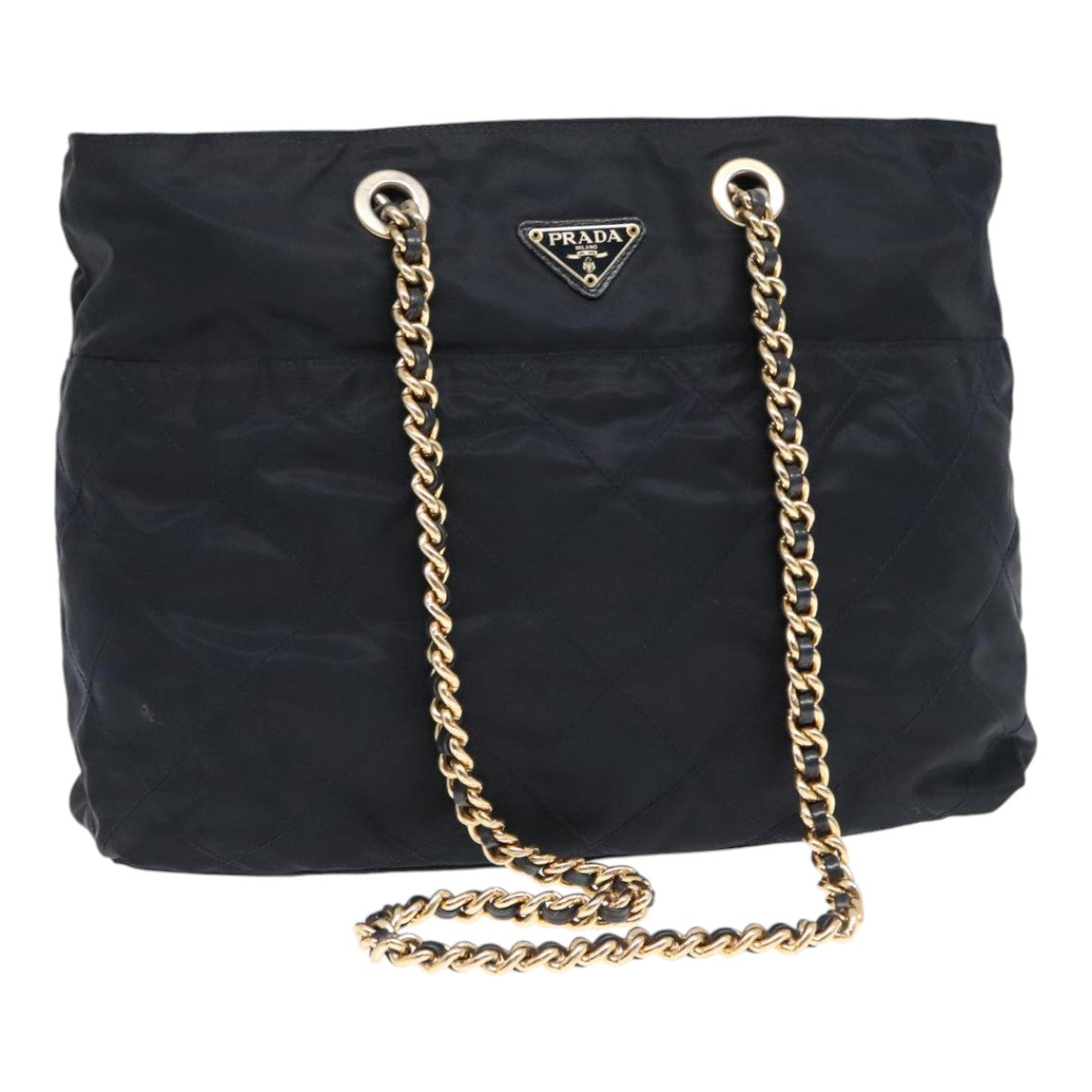 PRADA Chain Shoulder Bag Nylon Navy Gold Auth yb691