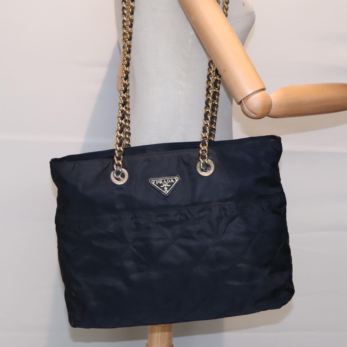 PRADA Chain Shoulder Bag Nylon Navy Gold Auth yb691