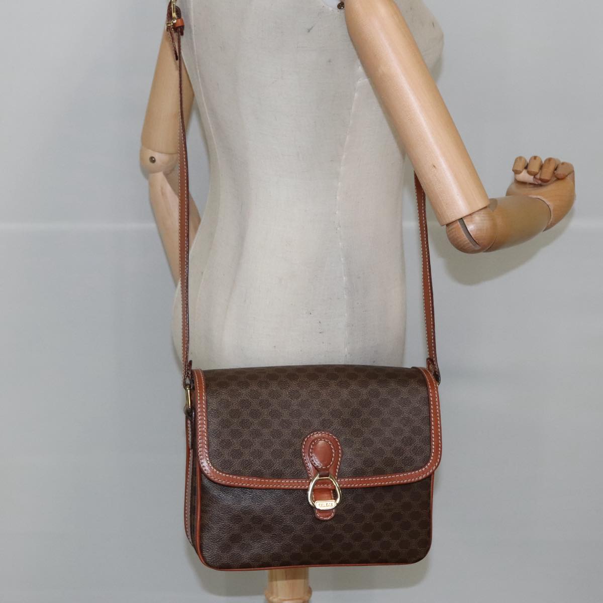 CELINE Macadam Canvas Shoulder Bag PVC Leather Brown Auth yb711