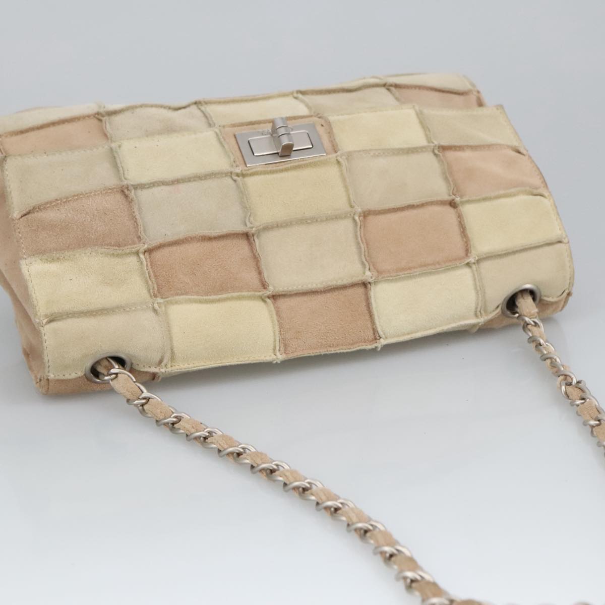 CHANEL Choco Bar Chain Shoulder Bag Suede Beige CC Auth yb716