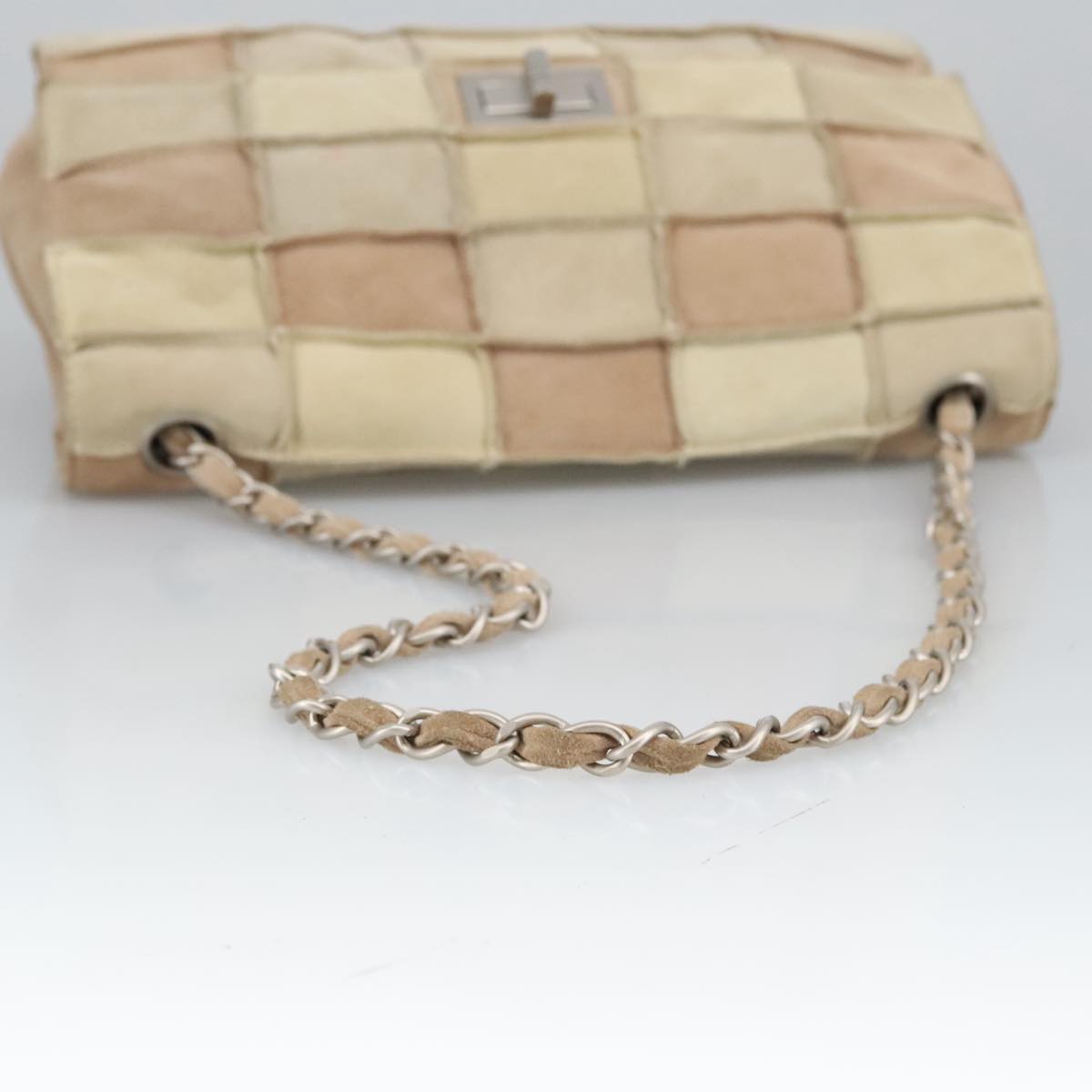 CHANEL Choco Bar Chain Shoulder Bag Suede Beige CC Auth yb716