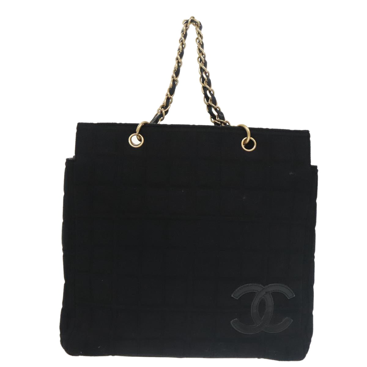 CHANEL Choco Bar Chain Hand Bag Cotton Black Gold CC Auth yb717